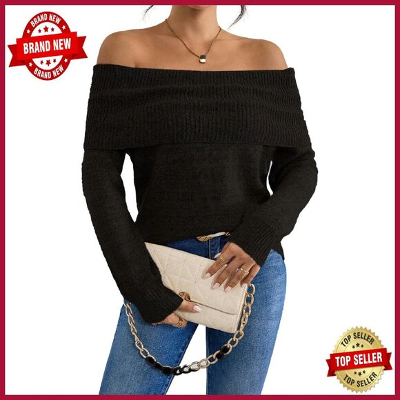 Sweaters - Off Shoulder Chunky Ribbed Knit Pullover Sweater Slim Fit Fall Tops